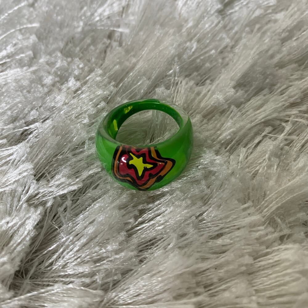 Acrylic Ring Green with Pink and Yellow Star Size 6.5